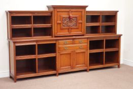 Edwardian oak large bookcase with stepped moulded cornice over carved secretaire compartment