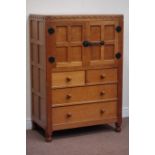 Yorkshire oak - 'Mouseman' adzed, panelled tallboy, fitted with two cupboards,