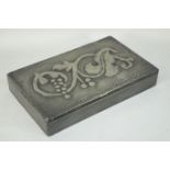 Hand beaten pewter box, embossed floral decoration to lid, W21cm H3.