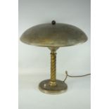 1930s burnished metal lamp, shallow dome shade on barley twist column plinth base,