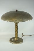 1930s burnished metal lamp, shallow dome shade on barley twist column plinth base,