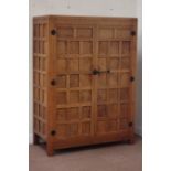 Yorkshire oak - 'Mouseman' adzed, panelled double wardrobe (W122cm, H167cm, D58cm),