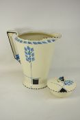 Burleigh ware Art Deco ewer, with blue floral design and matching soap dish H 27cm,