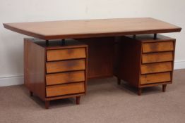 1970s vintage retro teak shaped top twin pedestal base, fitted with eight drawers, W180cm, H72cm,