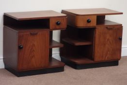 Pair Art Deco style walnut bedside cabinets fitted with single cupboard and drawer, W52cm, H55cm,