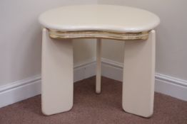 1950s style shaped top occasional table on three legs, mounted metal banding,