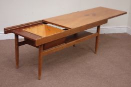 1970s vintage retro rectangular teak coffee table fitted with undertier,