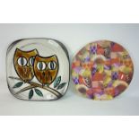 Studio plate depicting two owls signed verso including a Liberty plate diameter 37cm & 32cm (2)