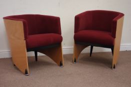 Pair beech faced plywood tub shaped armchairs, upholstered in burgundy velvet, W60cm, H70cm,