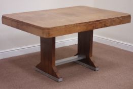 Art Deco period French rosewood dining table canted corners, metal bound stretcher and base,