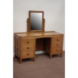 Yorkshire oak - 'Mouseman' adzed kneehole dressing table with rectangular swing mirror (W137cm,