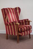 Beech framed wingback armchair upholstered in Romo striped fabric,