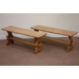 Yorkshire oak - 'Gnomeman' pair adzed oak stretcher table benches (W122, H48cm, D36cm),