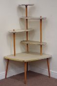 Vintage retro five tier stand raised on four tapering legs, W87cm,