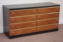1970s vintage retro ebonised oak eight drawer chest, drawer fronts upholstered in peach velour,
