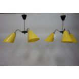 Pair of 'Berry's Electric' three branch ceiling light fittings with lemon yellow glass conical