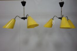 Pair of 'Berry's Electric' three branch ceiling light fittings with lemon yellow glass conical