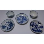 Two first period Worcester tea bowls and saucers and an additional saucer decorated with birds