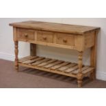 Reclaimed waxed pine three drawer dresser raised on potboard base, W124cm, H77cm,