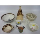 Various Royal Worcester items including a figure 'Autumn Song', small jug, two dishes, a sparrow,