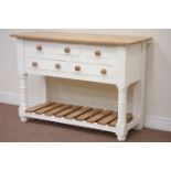 Three drawer dresser fitted with polished oak top, raised on painted pine potboard base, W121cm,