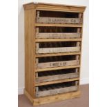 Rustic waxed pine bakers rack fitted with six vintage trays, W87cm, H150cm,