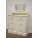 Painted pine dressing chest fitted with two short and two long drawers, and raised mirror back,