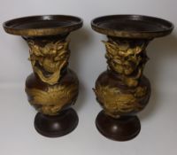 Early - Mid 20th Century pair of large Chinese bronze vases with gilded dragon and Phoenix
