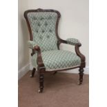Edwardian walnut framed armchair, carved detail, upholstered seat,