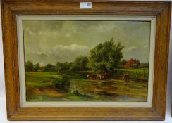 Watching Cattle from the River Bank, oil on canvas S S Holland, signed lower left,