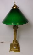 20th century brass Corinthian column lamp with green glass shade Condition Report