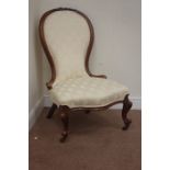 Victorian spoon back nursing chair, serpentine seat, raised on carved cabriole front legs,
