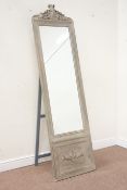 French style painted panelled cheval mirror with carved top pediment,