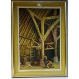 'Chopping Wood In Vaulted Barn', oil on canvas signed monogram TAW lower right,