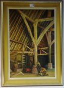 'Chopping Wood In Vaulted Barn', oil on canvas signed monogram TAW lower right,
