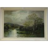 Moonlit cottages in a rural landscape oil on canvas by F Walters signed,