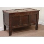 18th century oak panelled coffer with hinged lid, carved detail to the front, W107cm, H66cm,