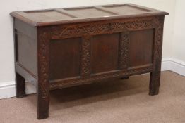 18th century oak panelled coffer with hinged lid, carved detail to the front, W107cm, H66cm,