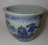 Large blue and white Chinese fish bowl. Dia. 53cms.
