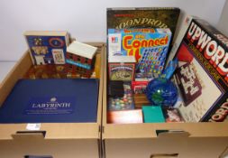Collection of games and puzzles including 'Labyrinth', 'Upwords' sets of cards,