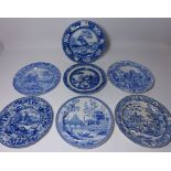 Seven early 19th Century blue and white plates including 'Gothic Castle', 'Tiber',