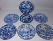 Seven early 19th Century blue and white plates including 'Gothic Castle', 'Tiber',
