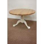 Oak pedestal dining table, circular top raised on painted ornate baluster turned column,