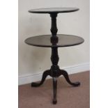 George III mahogany two tier dumb-waiter, raised on tripod base,