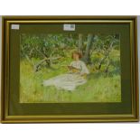 'Young Lady Reading in the Orchard' pastel, signed lower right Frank Dean 1895,