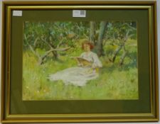 'Young Lady Reading in the Orchard' pastel, signed lower right Frank Dean 1895,