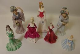 Royal Doulton 'Alice' HN4111, Royal Doulton 'Victoria' HN3909, two small Coalport figurines,