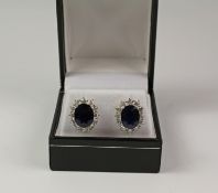 Pair oval sapphire and diamond cluster ear-rings hallmarked 18ct (sapphire approx 4carats,