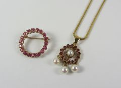 Ruby and pearl pendant necklace and similar circular ruby brooch both hallmarked 9ct