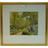 Wooded Stream with Spring Flowers, needle point,